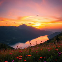 A vibrant and qualitative image showcasing a scenic landscape at sunset with lush green mountains, a serene lake reflecting the colors of the sky, and wildflowers in the foreground