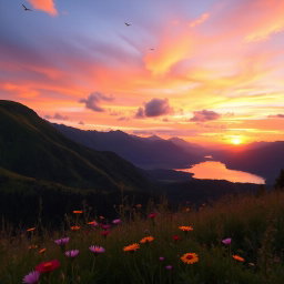 A vibrant and qualitative image showcasing a scenic landscape at sunset with lush green mountains, a serene lake reflecting the colors of the sky, and wildflowers in the foreground