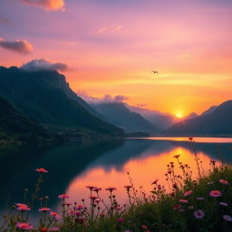 A vibrant and qualitative image showcasing a scenic landscape at sunset with lush green mountains, a serene lake reflecting the colors of the sky, and wildflowers in the foreground