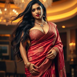 A very tall and voluptuous Indian woman wearing an exquisite saree that elegantly displays her curves and open cleavage