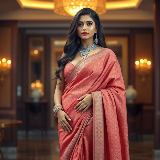 A very tall and voluptuous Indian woman wearing an exquisite saree that elegantly displays her curves and open cleavage