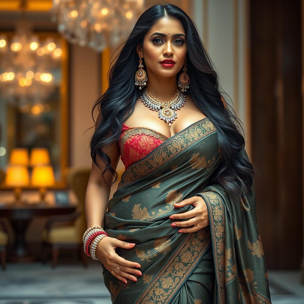 A very tall and voluptuous Indian woman wearing an exquisite saree that elegantly displays her curves and open cleavage