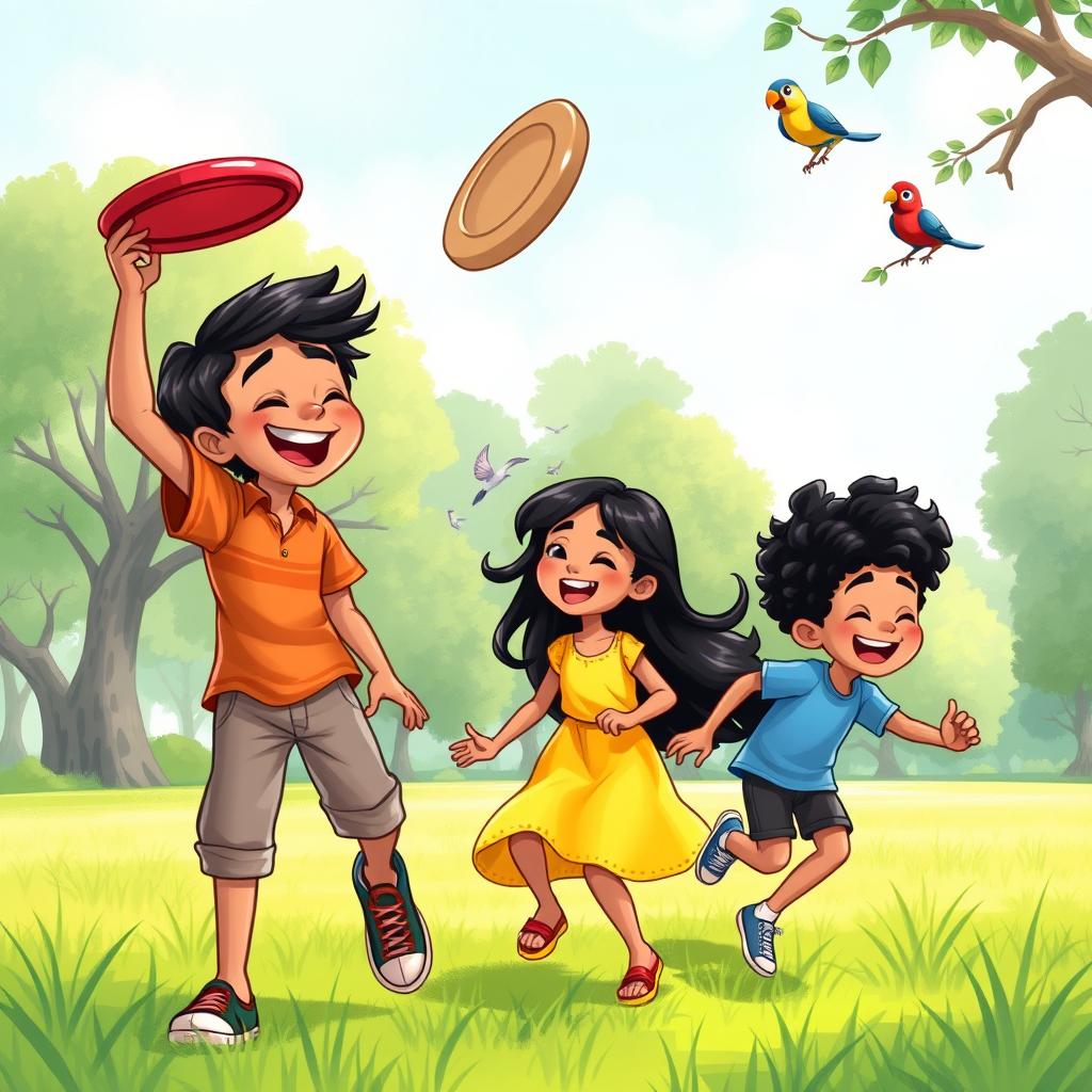 A joyous scene depicting three friends, Sohan, Mita, and Bali, playing together in a lush green park