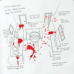 A detailed and chaotic crime scene sketch situated in a living room