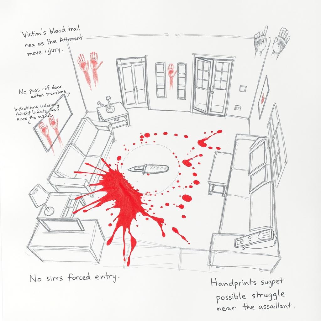 A detailed and chaotic crime scene sketch situated in a living room