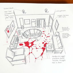 A detailed and chaotic crime scene sketch situated in a living room