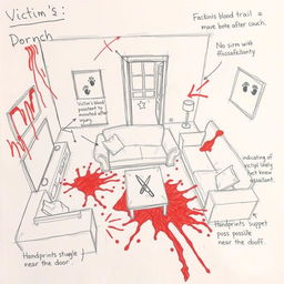 A detailed and chaotic crime scene sketch situated in a living room