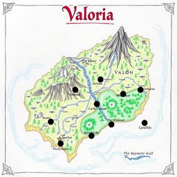 A detailed physical map of an imaginary nation, featuring the name 'Valoria' prominently at the top