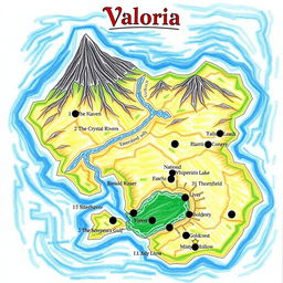 A detailed physical map of an imaginary nation, featuring the name 'Valoria' prominently at the top