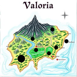 A detailed physical map of an imaginary nation, featuring the name 'Valoria' prominently at the top