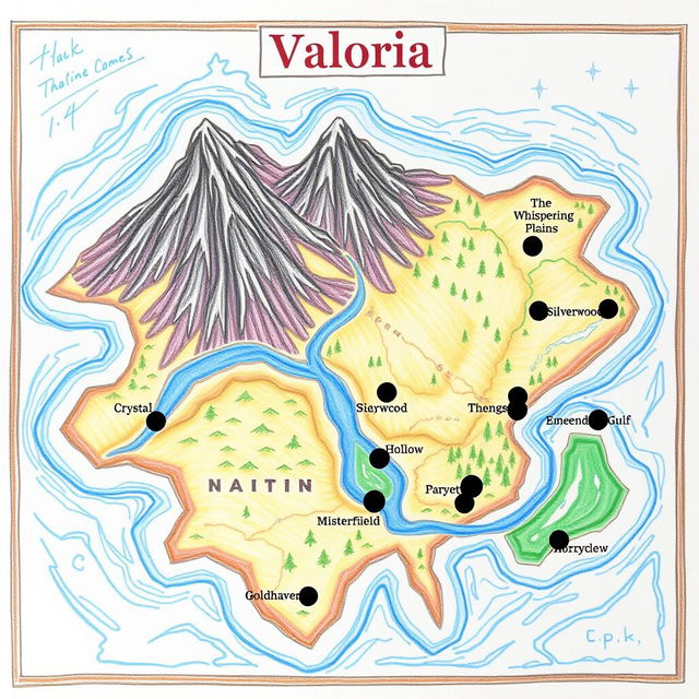A detailed physical map of an imaginary nation, featuring the name 'Valoria' prominently at the top