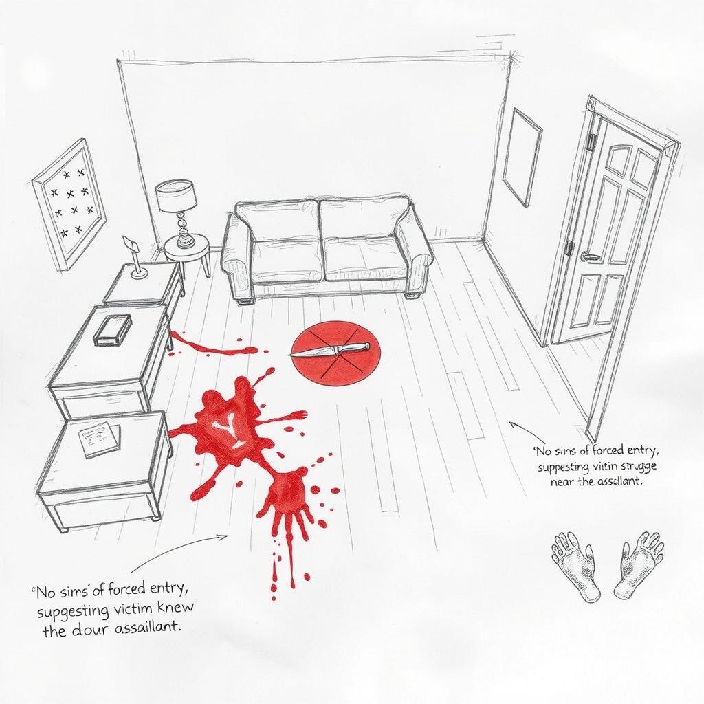 A detailed and clear rough sketch depicting a crime scene in a living room