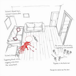A detailed and clear rough sketch depicting a crime scene in a living room