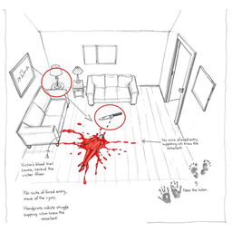 A detailed and clear rough sketch depicting a crime scene in a living room