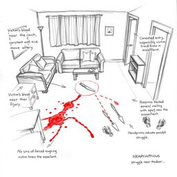 A detailed and clear rough sketch depicting a crime scene in a living room