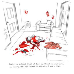 A detailed crime scene sketch showing a living room setting where a crime has occurred