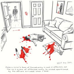 A detailed crime scene sketch showing a living room setting where a crime has occurred