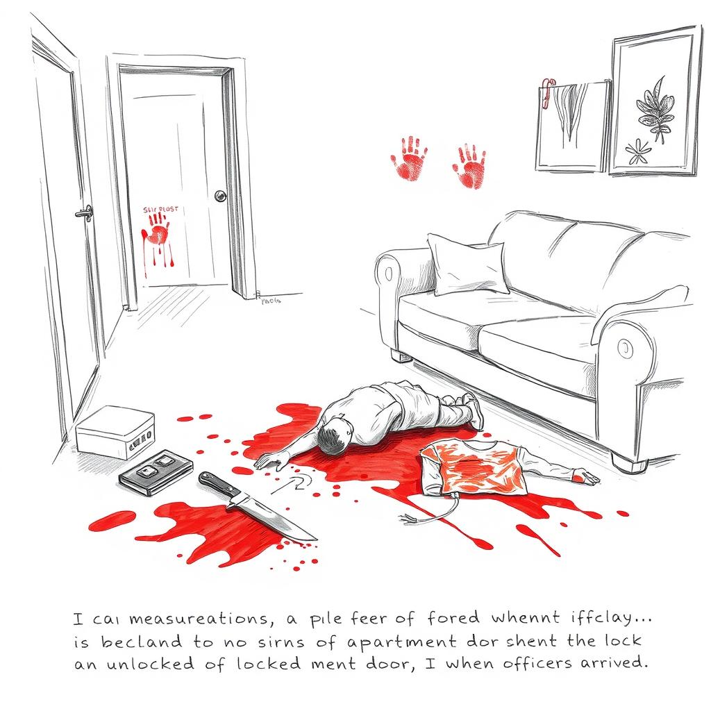 A detailed crime scene sketch showing a living room setting where a crime has occurred