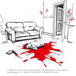 A detailed crime scene sketch showing a living room setting where a crime has occurred