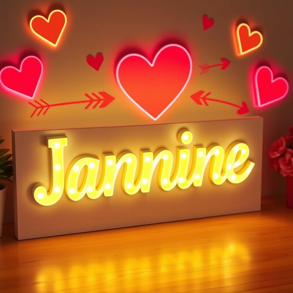 A decorative sign displaying the name 'Jannine' in glowing letters, designed to look like it's illuminated with vibrant lights