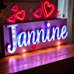 A decorative sign displaying the name 'Jannine' in glowing letters, designed to look like it's illuminated with vibrant lights