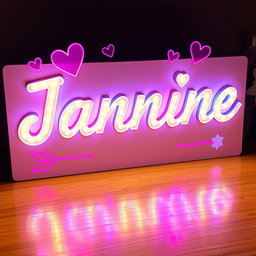 A decorative sign displaying the name 'Jannine' in glowing letters, designed to look like it's illuminated with vibrant lights
