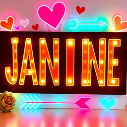 A decorative sign displaying the name 'Jannine' in glowing letters, designed to look like it's illuminated with vibrant lights