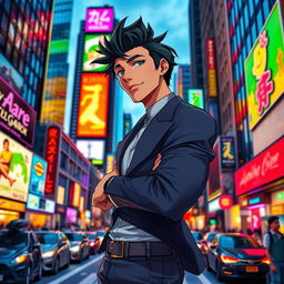 A stylish male character with rebonded black hair, wearing a sleek modern outfit