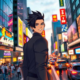 A stylish male character with rebonded black hair, wearing a sleek modern outfit