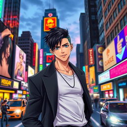 A stylish male character with rebonded black hair, wearing a sleek modern outfit