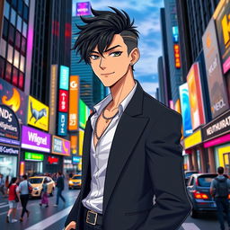 A stylish male character with rebonded black hair, wearing a sleek modern outfit