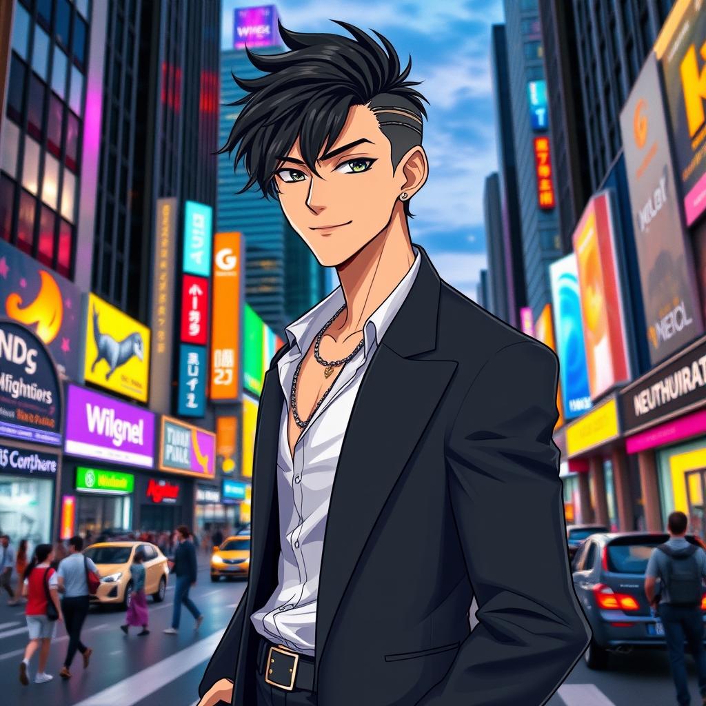 A stylish male character with rebonded black hair, wearing a sleek modern outfit