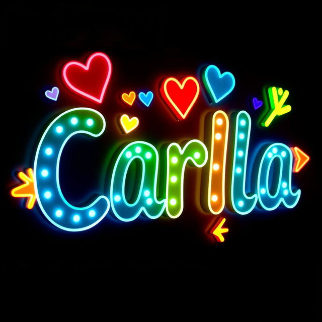 A vibrant, illuminated sign featuring the name "Carla" in bold, playful letters