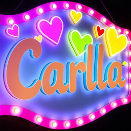 A vibrant, illuminated sign featuring the name "Carla" in bold, playful letters