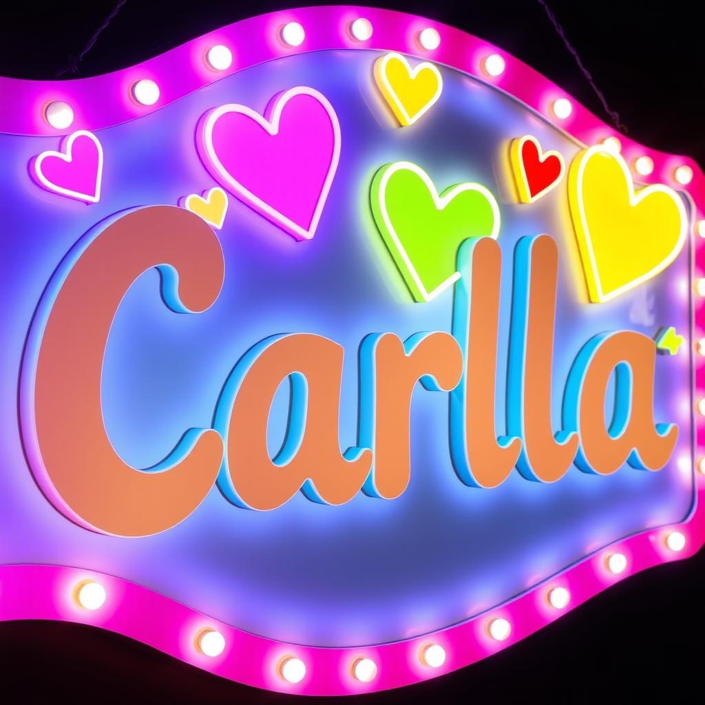 A vibrant, illuminated sign featuring the name "Carla" in bold, playful letters