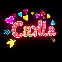 A vibrant, illuminated sign featuring the name "Carla" in bold, playful letters