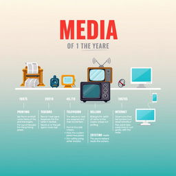 A visually engaging poster depicting the evolution of media over the years, showcasing key milestones from the printing press, radio, television, and the internet