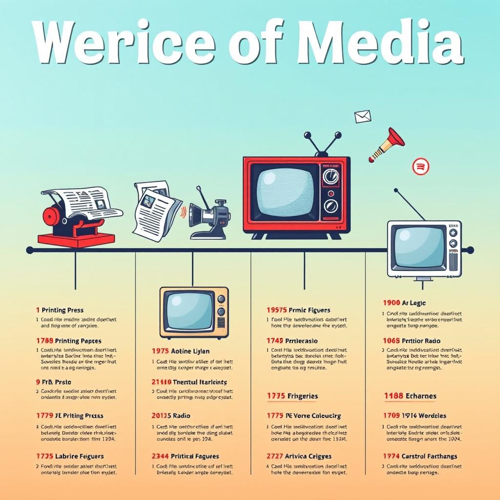 A visually engaging poster depicting the evolution of media over the years, showcasing key milestones from the printing press, radio, television, and the internet