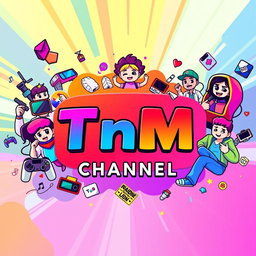A vibrant digital illustration of a dynamic YouTube channel banner for 'TnM Channel', featuring colorful graphics and engaging themes, showcasing various video genres including gaming, tech reviews, and lifestyle vlogs