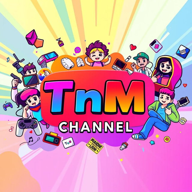 A vibrant digital illustration of a dynamic YouTube channel banner for 'TnM Channel', featuring colorful graphics and engaging themes, showcasing various video genres including gaming, tech reviews, and lifestyle vlogs