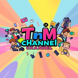 A vibrant digital illustration of a dynamic YouTube channel banner for 'TnM Channel', featuring colorful graphics and engaging themes, showcasing various video genres including gaming, tech reviews, and lifestyle vlogs