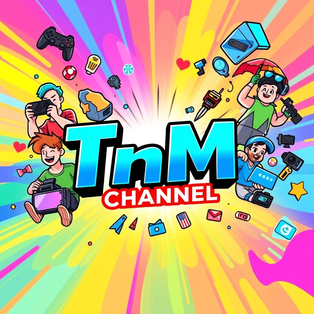 A vibrant digital illustration of a dynamic YouTube channel banner for 'TnM Channel', featuring colorful graphics and engaging themes, showcasing various video genres including gaming, tech reviews, and lifestyle vlogs