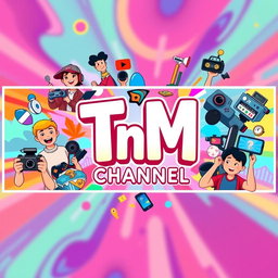 A vibrant digital illustration of a dynamic YouTube channel banner for 'TnM Channel', featuring colorful graphics and engaging themes, showcasing various video genres including gaming, tech reviews, and lifestyle vlogs