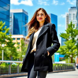 A stylish woman standing confidently in an urban setting, wearing a sleek black coat that elegantly contrasts her attire