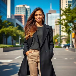 A stylish woman standing confidently in an urban setting, wearing a sleek black coat that elegantly contrasts her attire