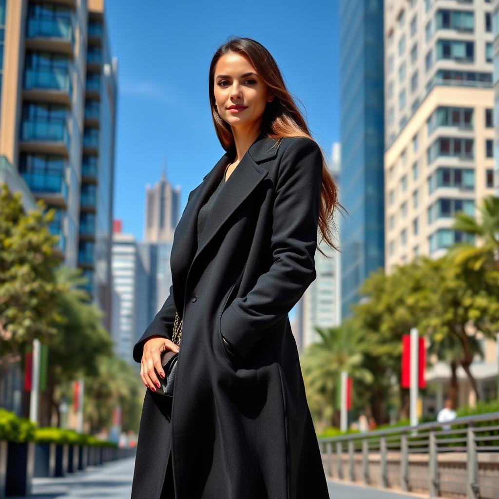 A stylish woman standing confidently in an urban setting, wearing a sleek black coat that elegantly contrasts her attire