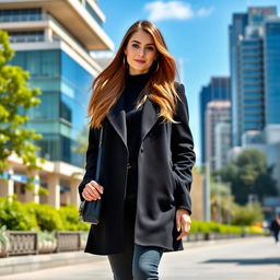 A stylish woman standing confidently in an urban setting, wearing a sleek black coat that elegantly contrasts her attire