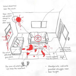 A rough sketch of a crime scene in a living room, showcasing the location of the victim marked with a circle at the center of the room