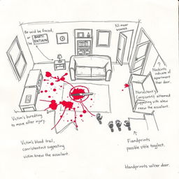 A rough sketch of a crime scene in a living room, showcasing the location of the victim marked with a circle at the center of the room