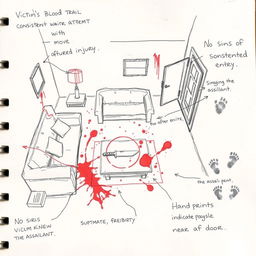 A rough sketch of a crime scene in a living room, showcasing the location of the victim marked with a circle at the center of the room